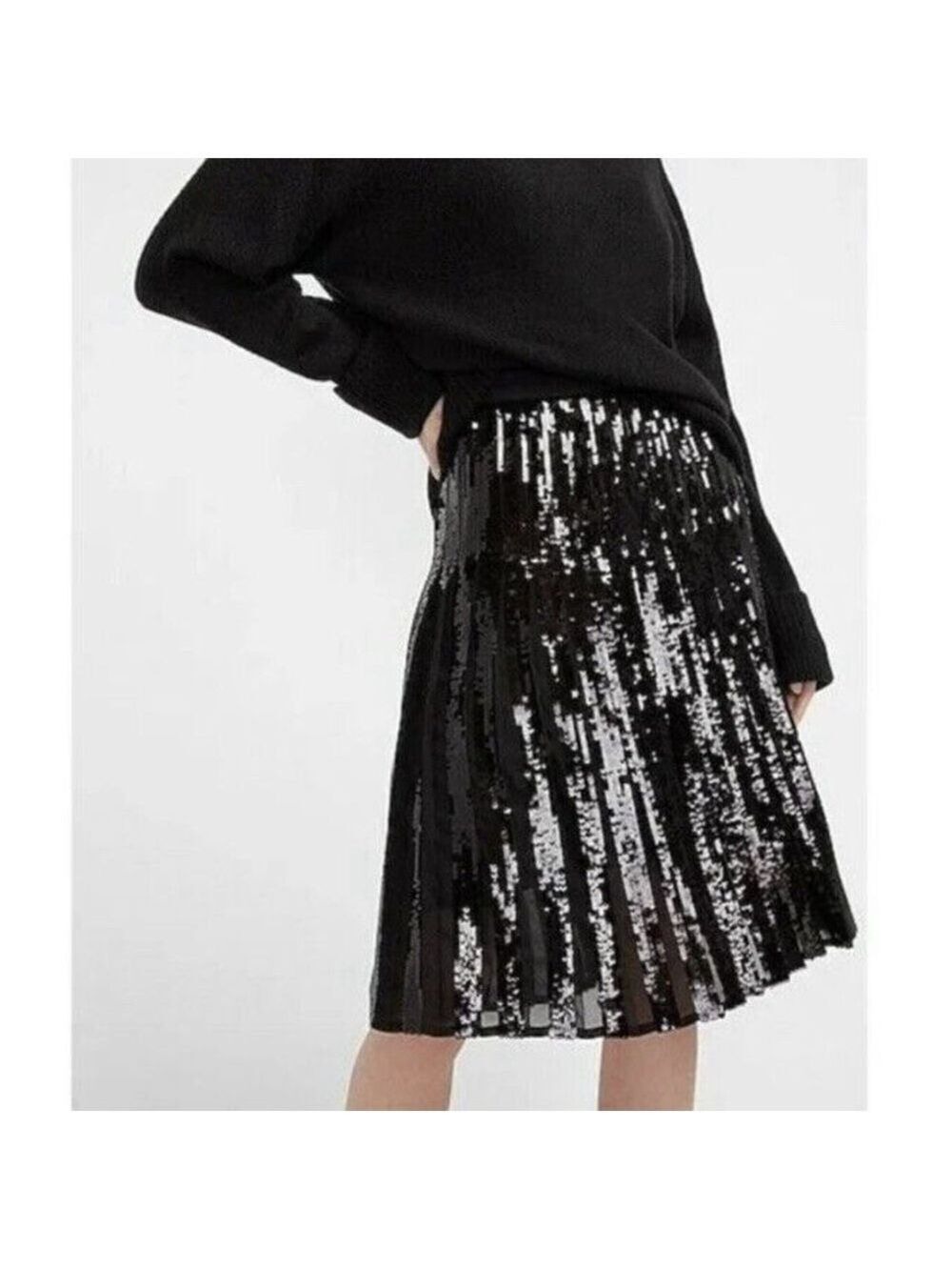 Women’s EXPRESS High Waisted Sequin Pleated Midi Skirt Size S Black